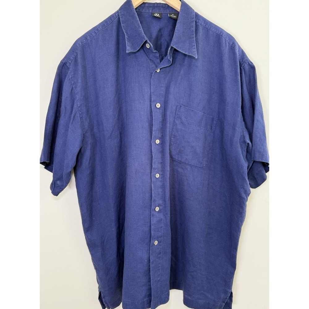 SZA Mens XL 100% Linen Blue Button Front Shirt Short Sleeve Camp Casual